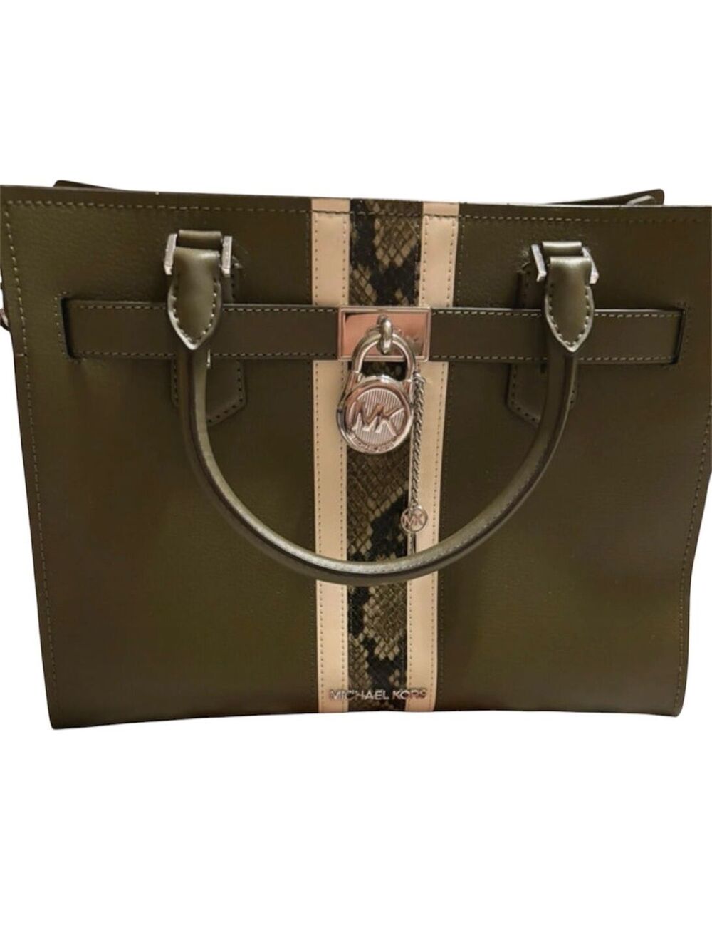 MK86. Michael Kors Hamilton Medium Leather and Snake-Embossed Stripe Satchel